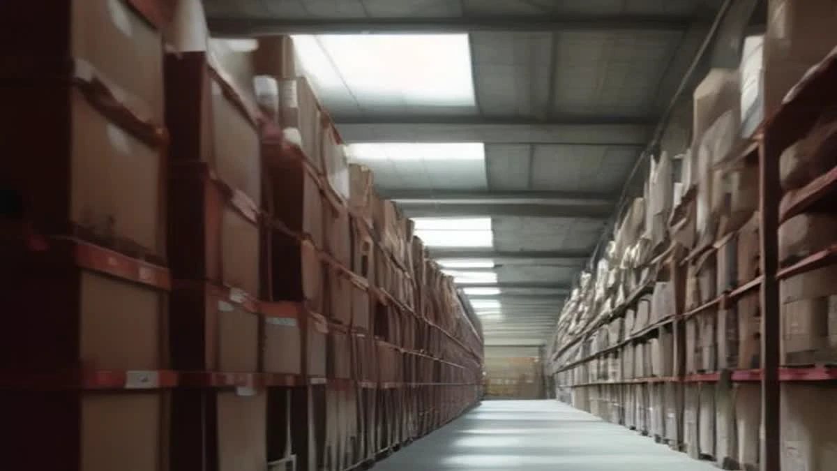 stacked wooden cable drums in a bright warehouse